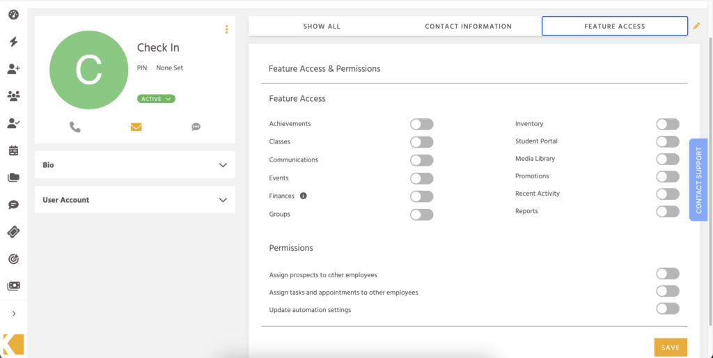 Deselect Feature Access settings and create a user account for an attendance-only employee account.